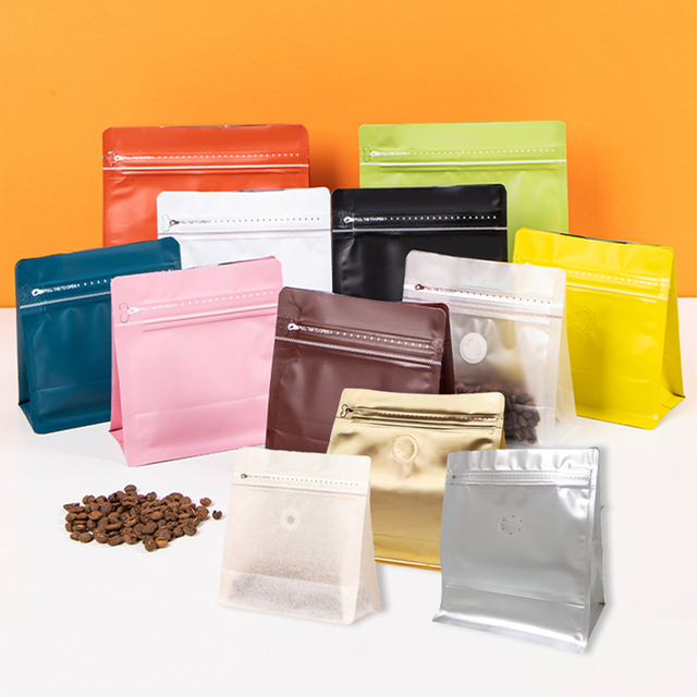 Custom Printed Frosted Aluminum Foil Plastic Flat Bottom Coffee Bean Bags Packaging Pouch Square Coffee Bags with Valve
