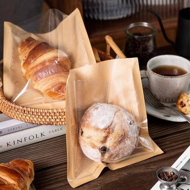 Food Grade Custom Kraft Paper Donuts Cake Rolls Bread French Packaging Bag Bakery Bags with Clear Window