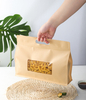 Wholesale brown kraft paper food packaging kraft flat bottom bags with window and handles for tea nut snack