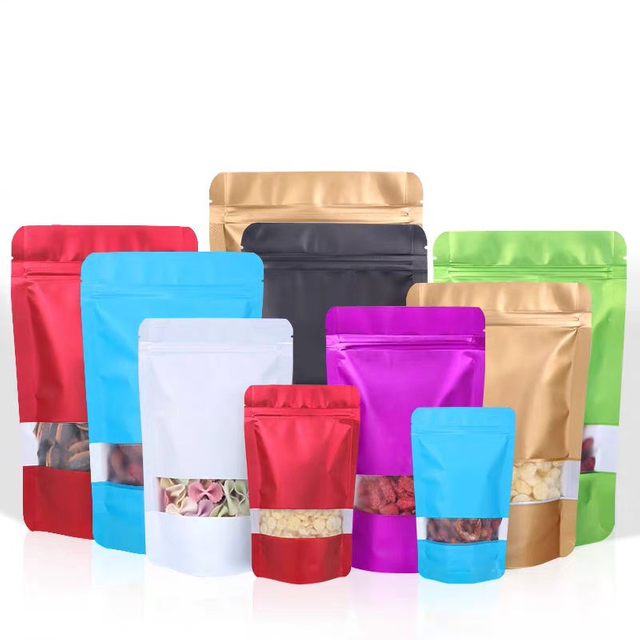 Doypack food grade stand up zip lock aluminum foil packaging pouch for food packaging with window