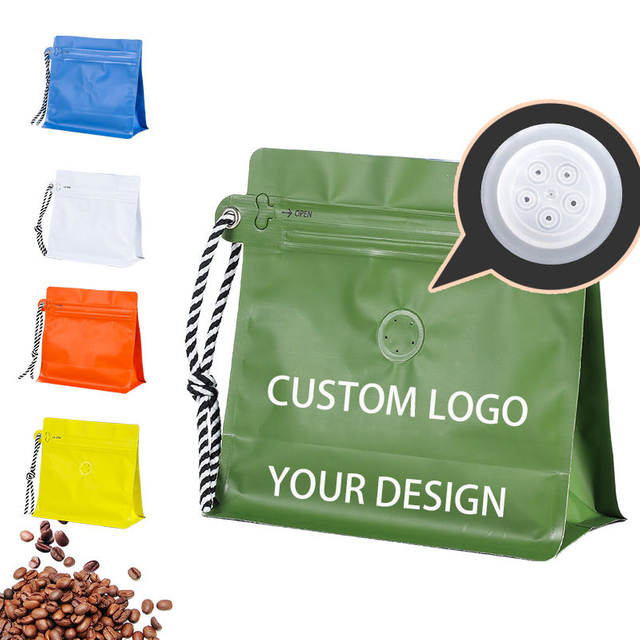Custom print logo flat bottom pouch coffee packaging bag metalize green recyclable coffee bag with valve and zipper